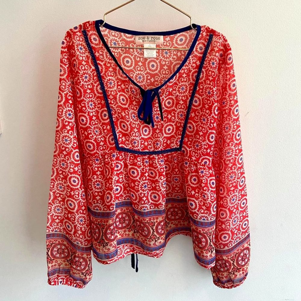 Band of Gypsies - Zoe and Rose Red Print Boho Sheer Peasant Blouse